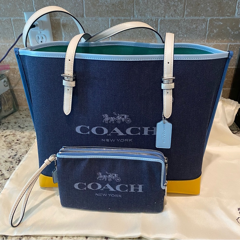 Coach Denim Blue Tote with Yellow Trim
